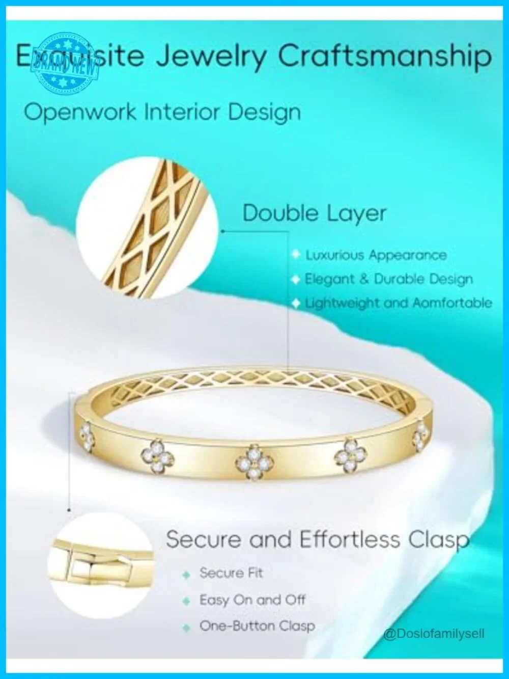 Moissanite 14K Gold Plated Clover Bangle Bracelet Hypoallergenic